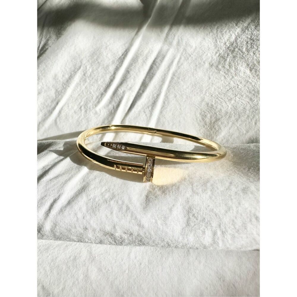 Stainless steel gold color cubic zirconia nail bracelet ￼